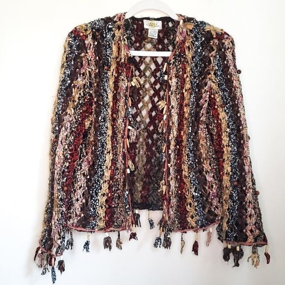 Vintage 90's Sandy Starkman Boho Hippie Woven Tassel Beaded Jacket - Picture 1 of 7